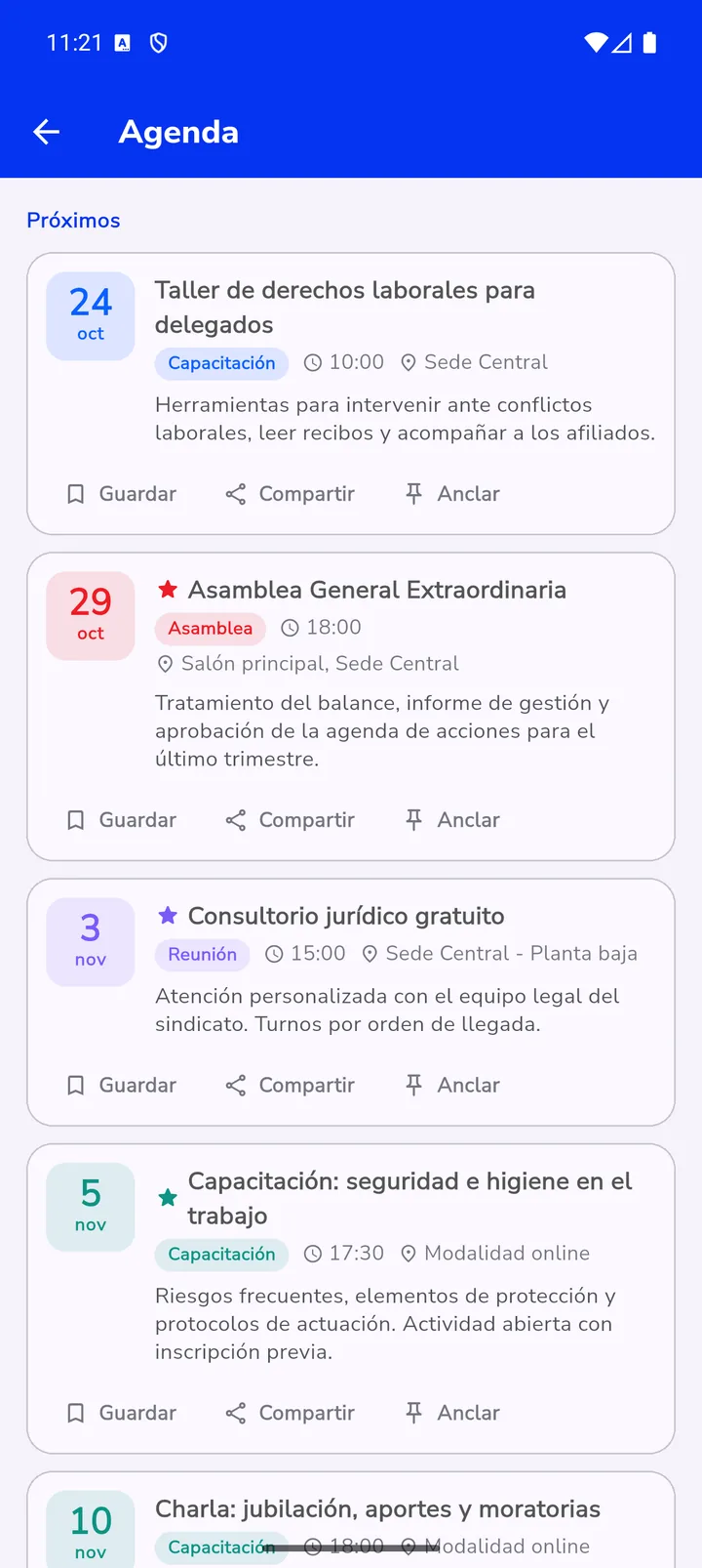 Pantalla de la agenda con cursos, asambleas y actividades con fecha