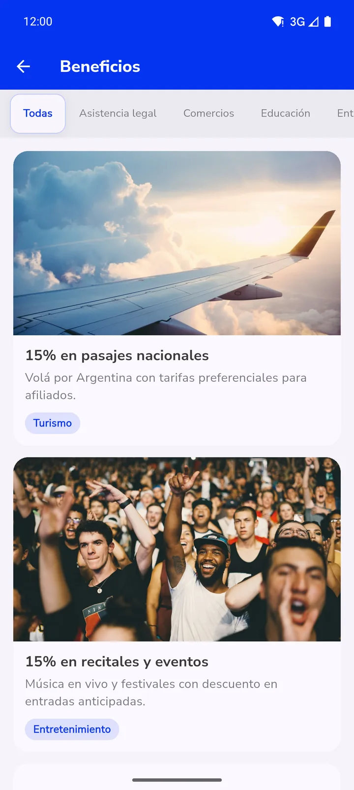Pantalla de beneficios con convenios y descuentos por categoría
