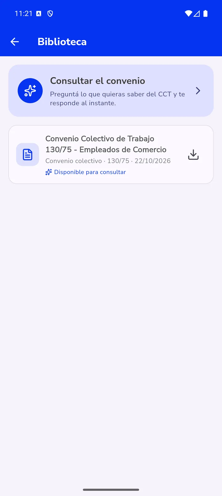 Pantalla de la biblioteca con el convenio colectivo y sus artículos