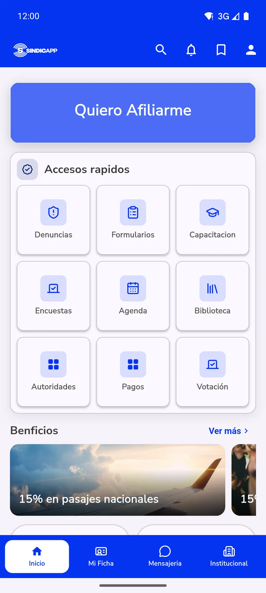 Pantalla de inicio de la app en un teléfono