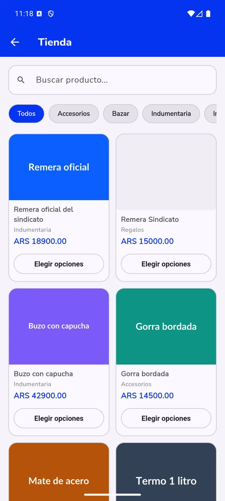 Pantalla de la tienda con productos, precios y cuotas